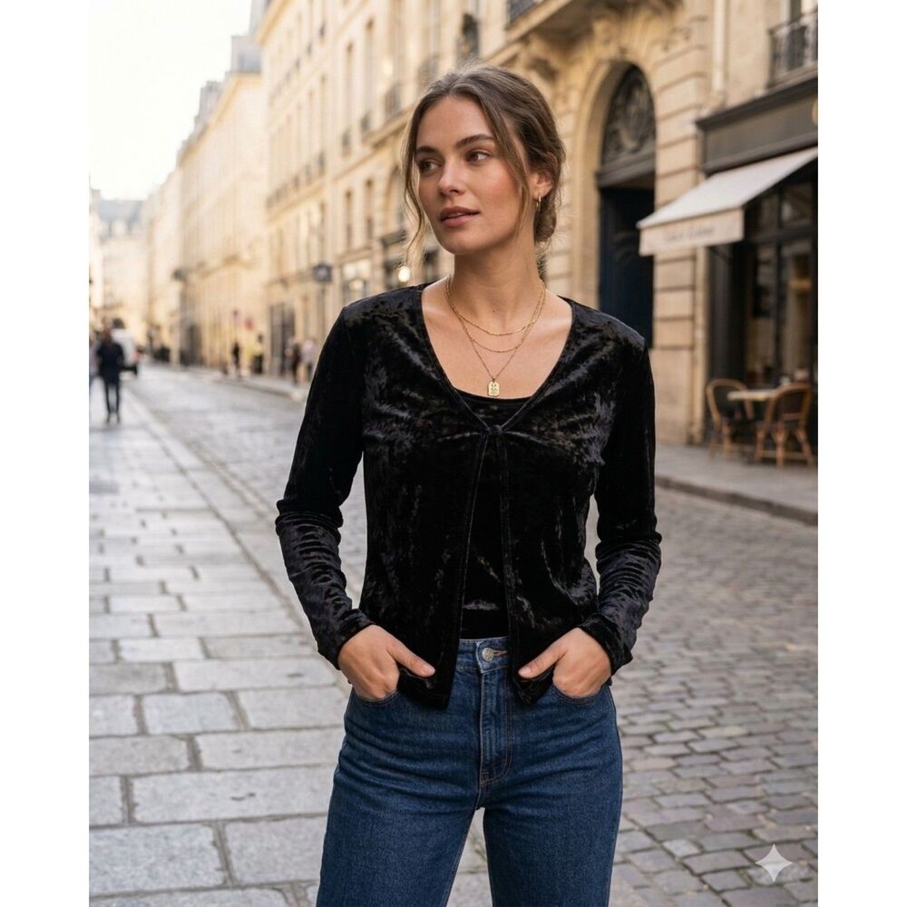 Vintage Paul Harris Blouse Womens L Black Velvet Velour Open Front Goth Y2K Top